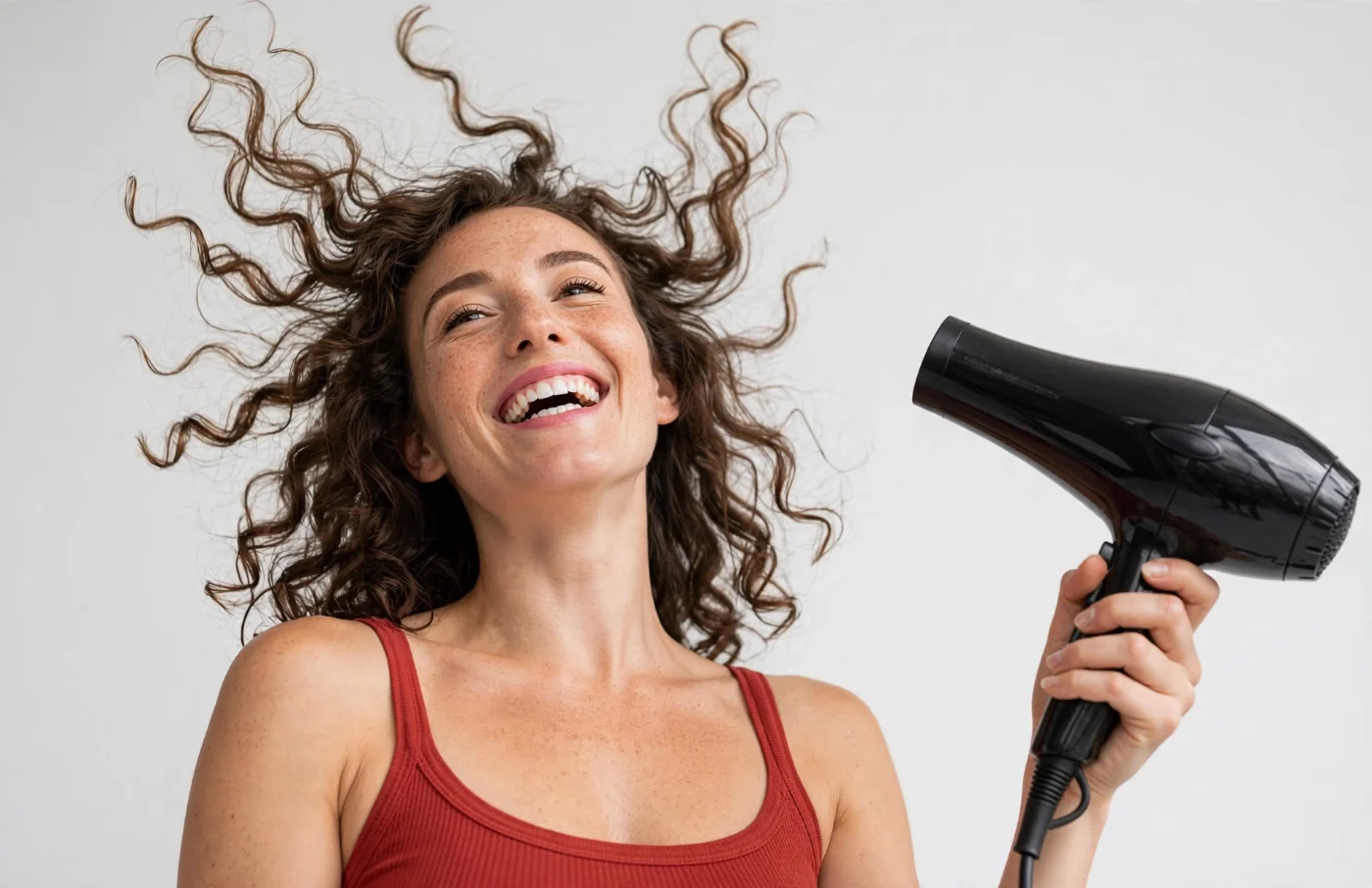 Mulher de cabelo cacheado secando os fios